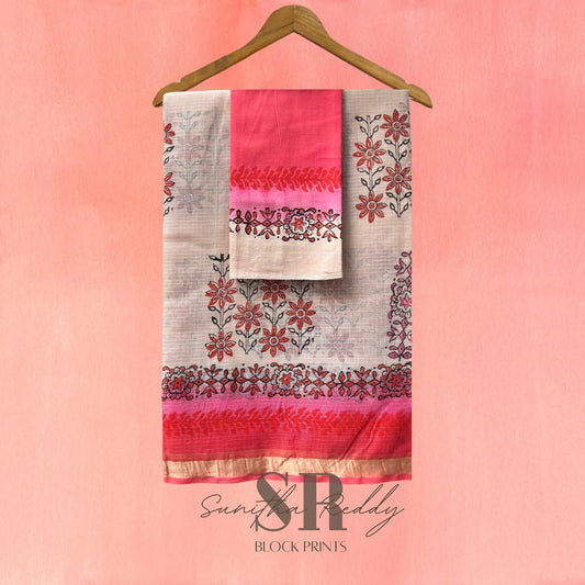 Cream, pink & peach handcrafted zari border cotton kota saree, beautifully block-printed with floral design