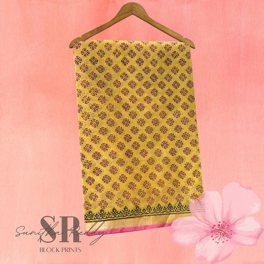 Golden yellow & Pink zari border cotton kota