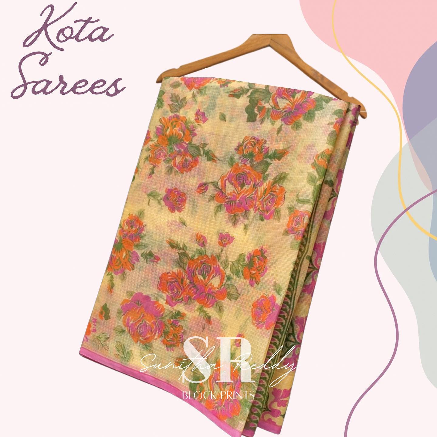 Cream and Peach Cotton Kota Saree