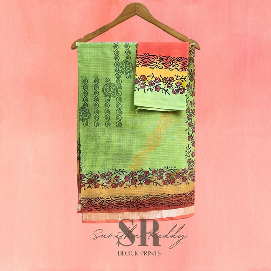 Parrot green, yellow & rust handcrafted zari border cotton kota saree